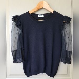 MOSCHINO Sheer Mesh Lace 3/4 Sleeves Cropped Top Sweater Black